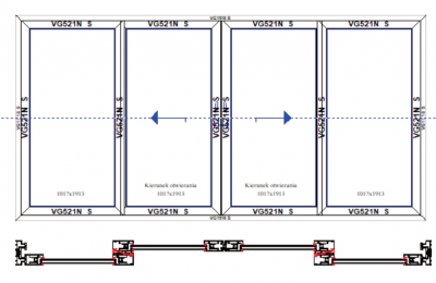 Schemat C dwa skrzydła rozsuwane na boki i dwa fixy. Systemy drzwi przesuwnych Visoglide Plus. Profilnet Tarnowskie Góry Śląsk Gliwice Pyskowice
